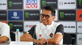 Deputi 3 Bidang Pembudayaan Olahraga Kementerian Pemuda dan Olahraga (Kemenpora),
Rudy Sufahriadi saat dalam jumpa pers di Media Center Sirkuit 
Selaparang, Minggu (07/07/2024).