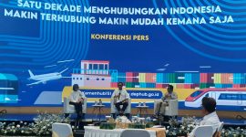 Jubir Kemenhub Adita Irawati (pertama dari kiri), Menhub Budi Karya Sumadi (kedua dari kiri) dalam konferensi pers Kinerja Sektor Transportasi 10 Tahun Pemerintahan Joko Widodo di Kantor Pusat Kemenhub Jakarta, Selasa (1/10/2024). Foto : Dian.T/InfoPublik