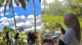 Panorama Keindahan alam, Kolase Wisatawan sedang menikmati bersepada dan menikmati kuliner di tengah Persawahan. Foto (Dedi Suhadi)