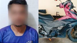 Foto Kolase F (37), mantan Kepala Cabang salah satu dealer motor di Lombok tengah bersama barang yang digelapkan. Foto (Humas Polresta Mataram).