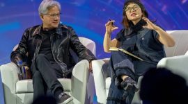 Wamen Dikti Stella Christie (kanan) saat bersama CEO NVIDIA, Jensen Huang. (Instagram.com/@prof.stellachristie)