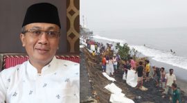 Kolase: anggota DPR RI dari Partai Nasdem, H. Fauzan Khalid dan pemasangan tanggul sementara untuk mengatasi abrasi yang terjadi di Kampung Bugis Ampenan. (Fotojet/GONTB).
