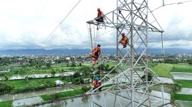 Tim PLN melakukan pemeliharaan pada jaringan listrik tegangan tinggi. Foto (PLN NTB).