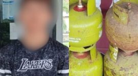 Kolase Terduga pelaku BRP (17) bersama barang bukti tabung gas. Foto (Humas Polresta Mataram).