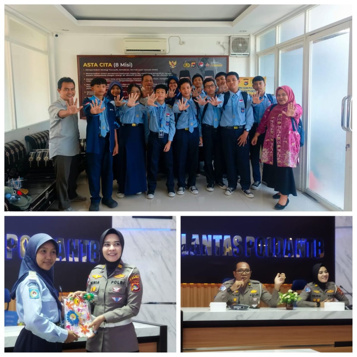 Kolase Kegiatan Siswa SMPN 2 Mataram yang tergabung dalam ekskul jurnalistik mengunjungi Mapolda NTB khususnya ke Ditlantas dan Ditnarkoba Polda NTB pada Kamis 15 Mei 2025.