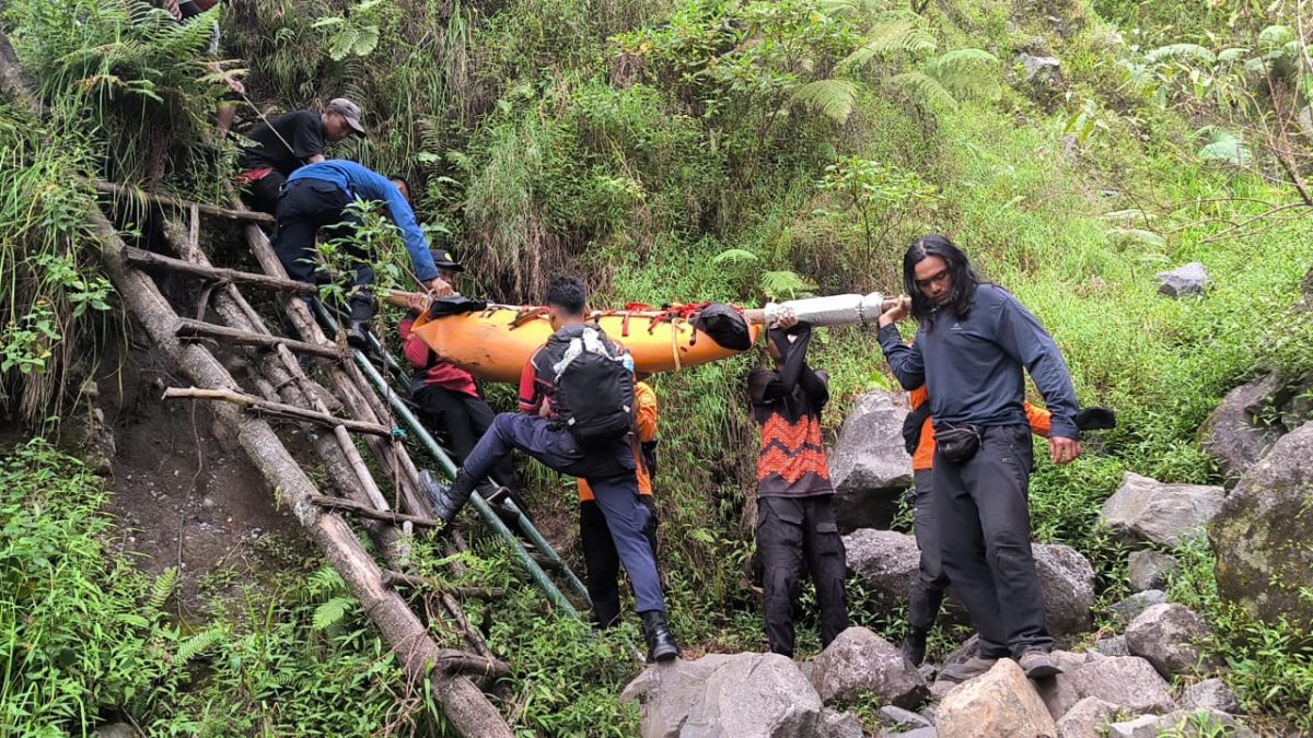 Proses evakuasi wisatawan Malaysia, RAG (57) dari dalam jurang di jalur pendakian Torean Gunung Rinjani pada Minggu, 4 Mei 2025 pukul 10.30 WITA. Foto (SAR Mataram)
