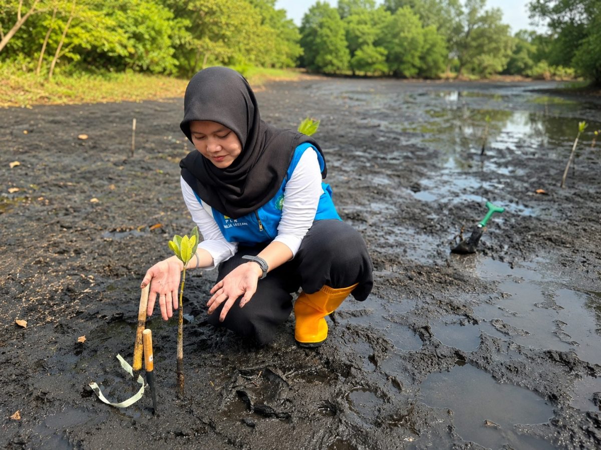 Satu per satu bibit mangrove ditanam di pesisir Tobelo, Halmahera Utara. Di lokasi yang sama, upaya konservasi burung mamoa dilakukan, sementara sejumlah tukik dilepaskan menuju laut lepas. Rangkaian aksi tersebut menjadi simbol harapan baru bagi keberlanjutan ekosistem pesisir Maluku Utara. Foto (PLN UIK Dwipantara).