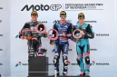 Podium seremoni Moto2, Izan Guevara (BLU CRU Pramac Yamaha Moto2) meraih kemenangan, diikuti Manuel Gonzalez (Liqui Moly Dynavolt Intact GP) di posisi kedua, dan Daniel Holgado (CFMOTO Power Electronics Aspar Team) di posisi ketiga.